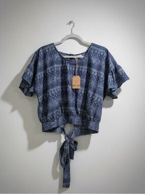 Tie-Front Navy Paisley Crop Top